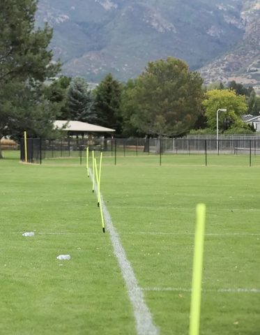 Yellow marker poles run along a white line across the field